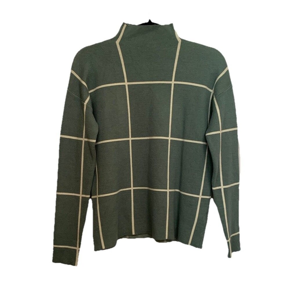 Cynthia Rowley Womens Size XS Sweater Green White Windowpane Mock Neck